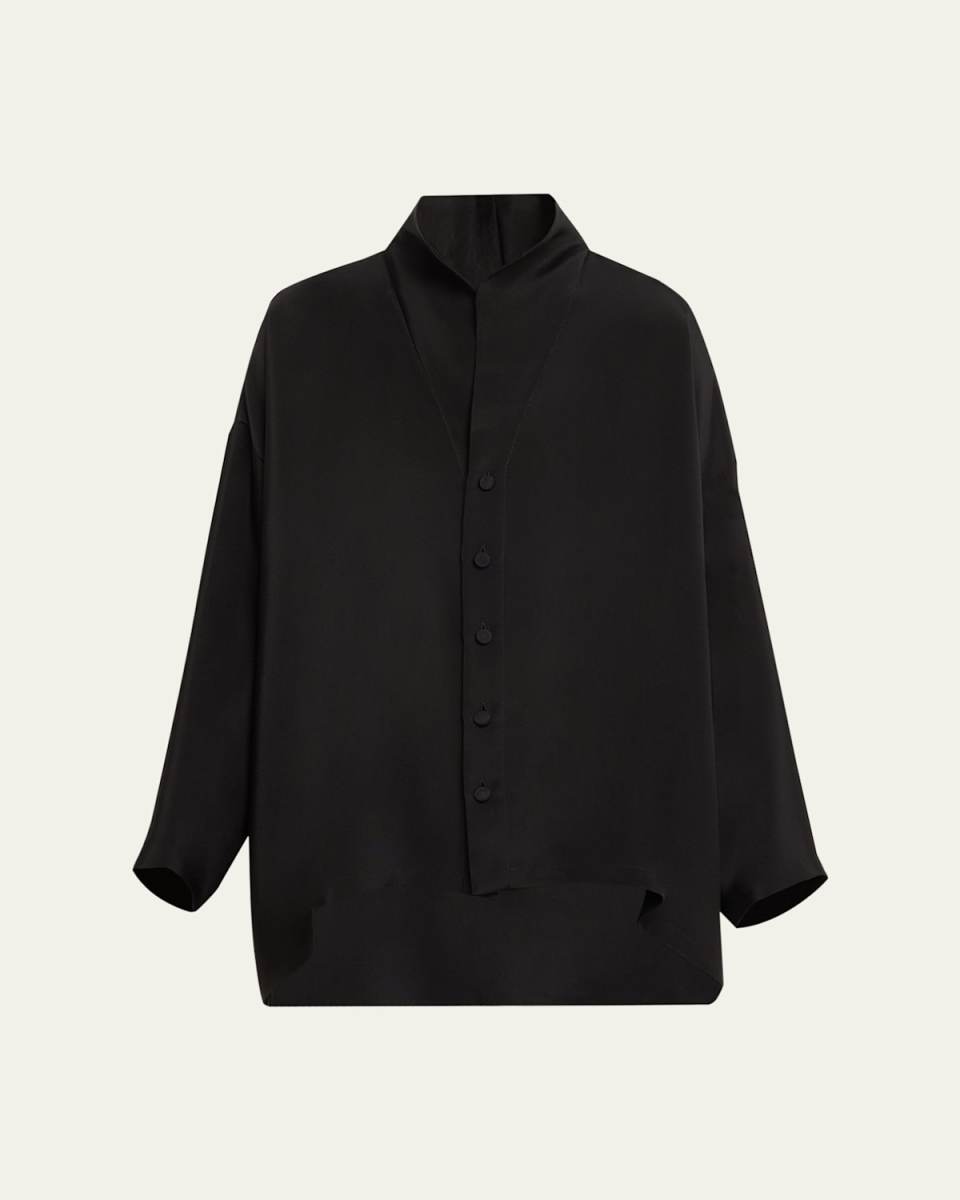 Wide A-Line Shirt with Open Standup Collar (Mid Plus Length)